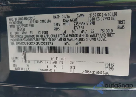 2016 Ford Escape Se из США, поврежденный, VIN 1FMCU9GXXGUC03372